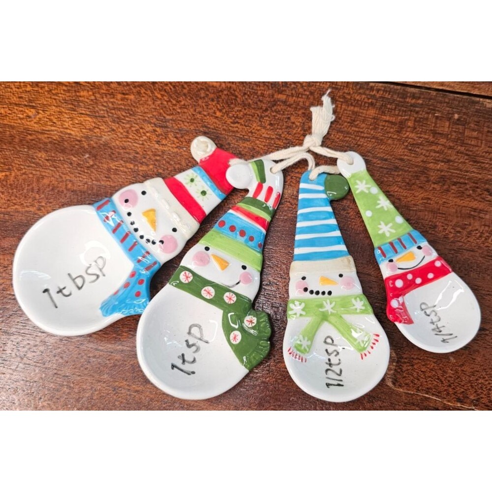 Pier One Snowman Ceramic Measuring Spoons Set Of 4: 1/4, 1/2, 1 tsp, 1 Tbsp